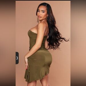 Shape Slinky Bandeau Ruched Side Frill Hem Bodycon Dresses